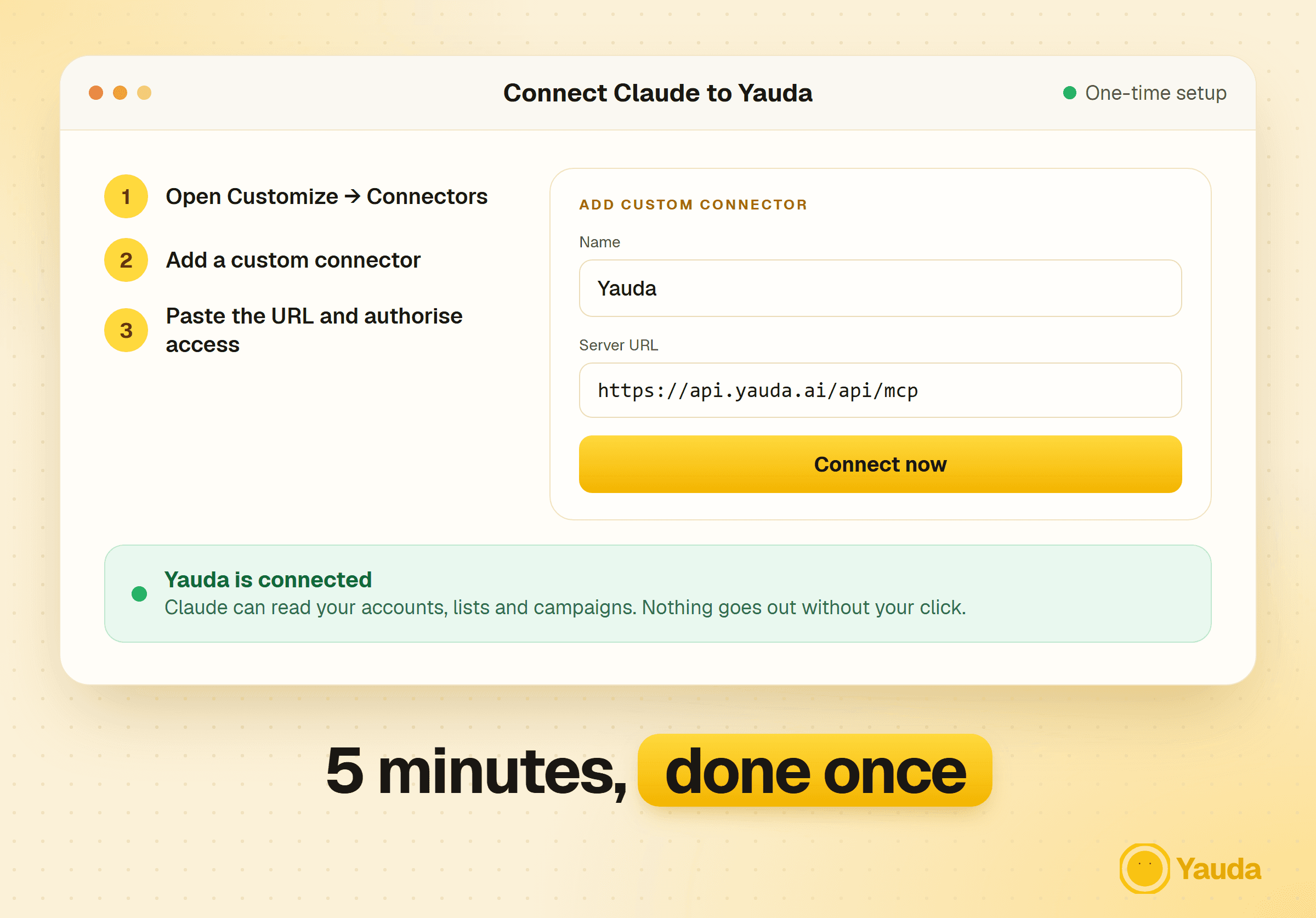 Adding the Yauda connector in Claude: name, server URL, connect