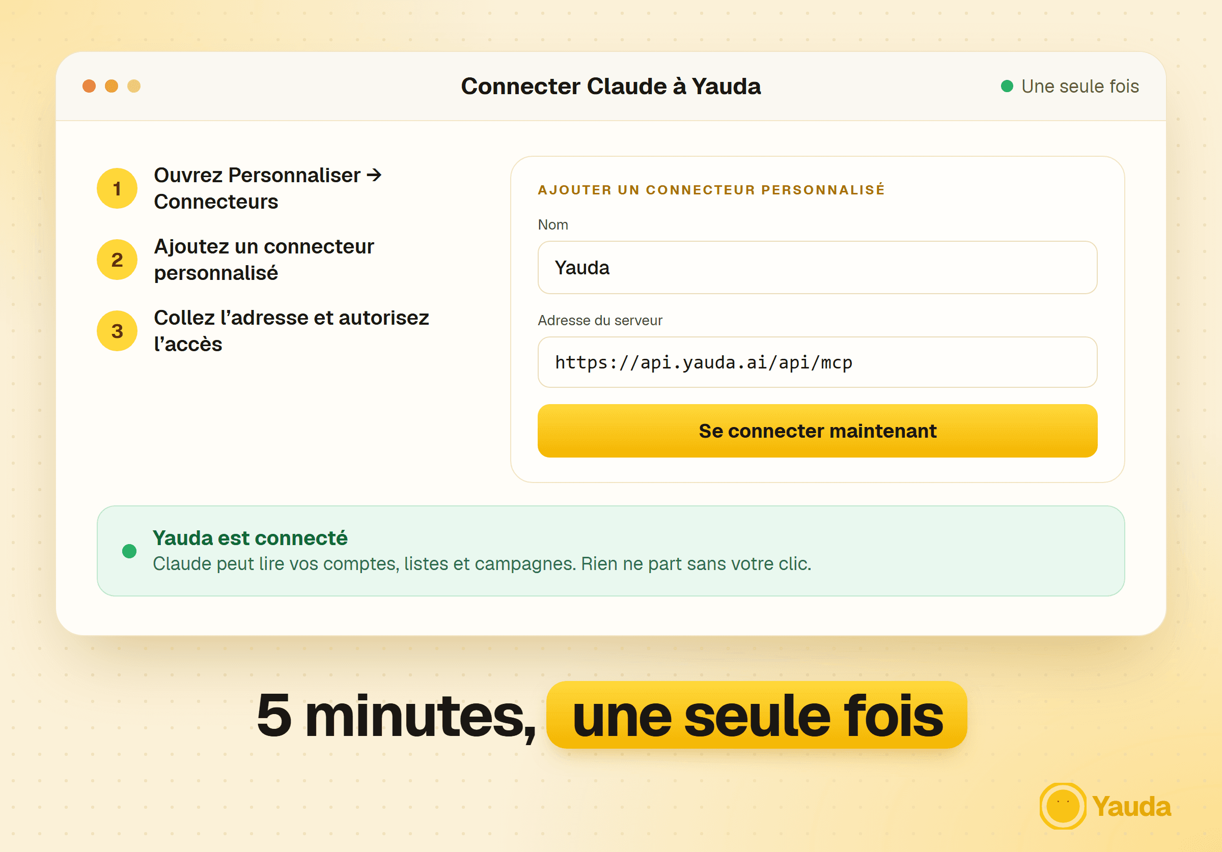 Ajout du connecteur Yauda dans Claude : nom, adresse du serveur, connexion