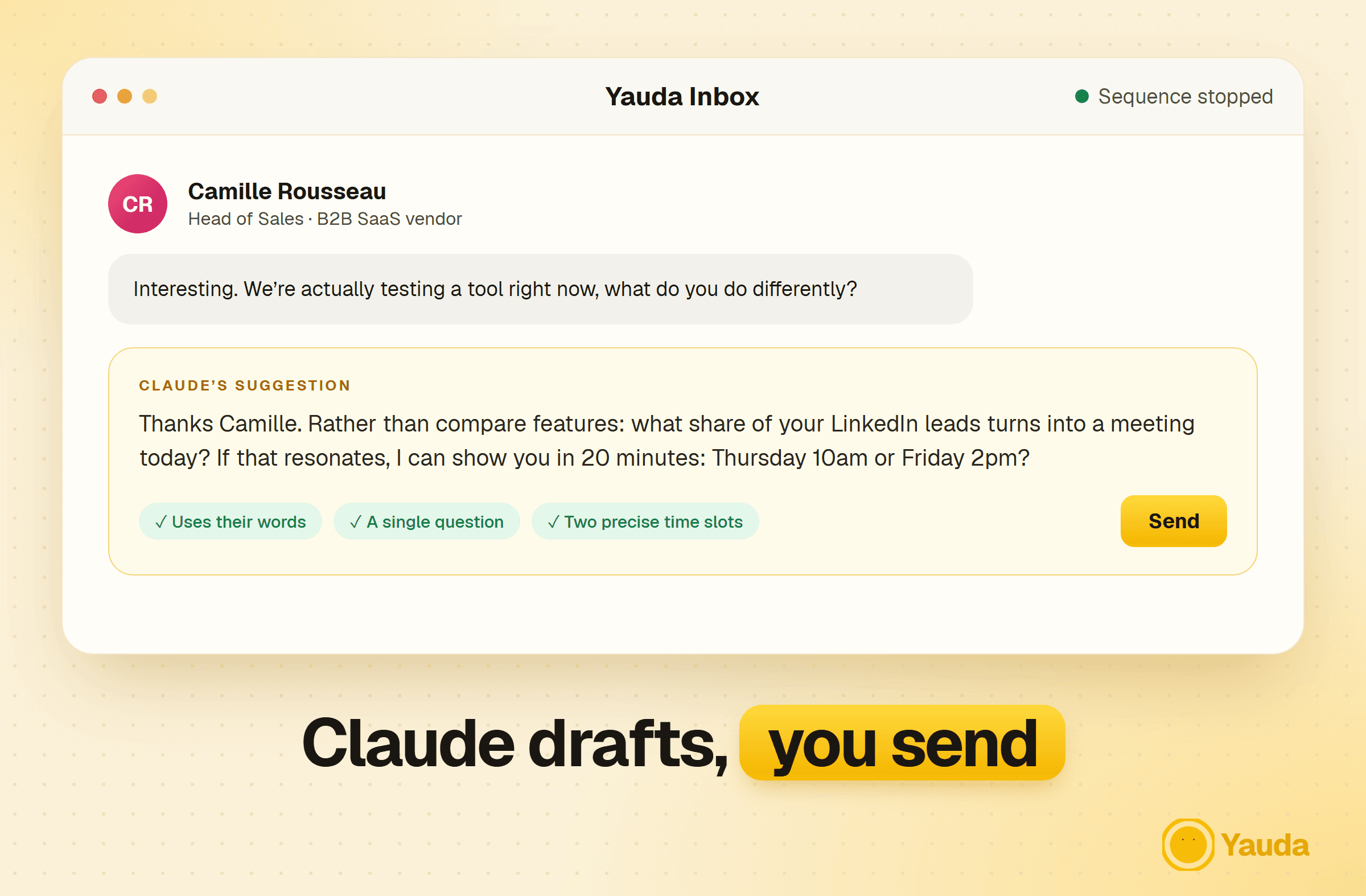 Yauda Inbox: Claude suggests a reply with two precise time slots