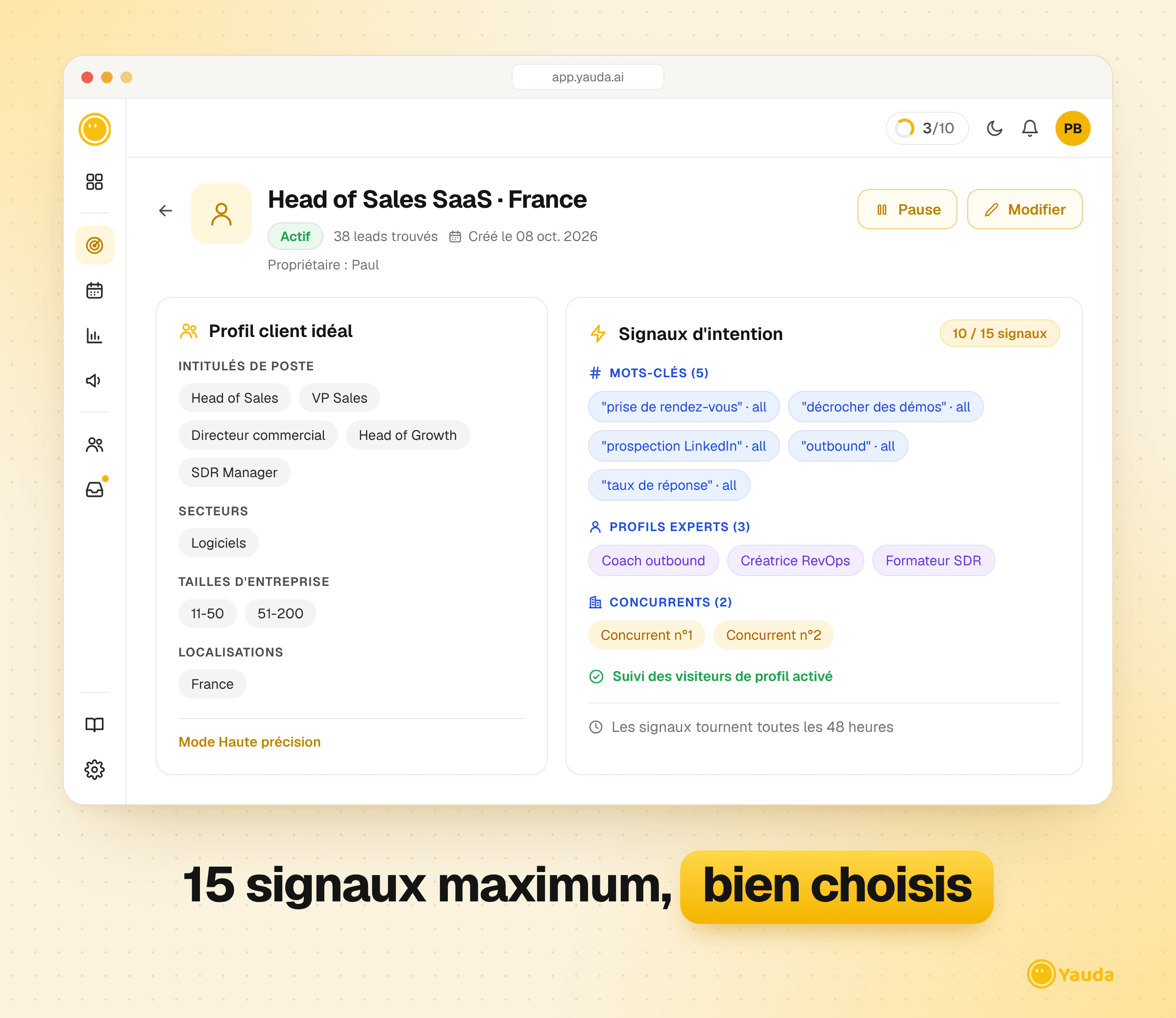 Réglages d’un agent Yauda : profil client idéal et 15 signaux d’intention maximum